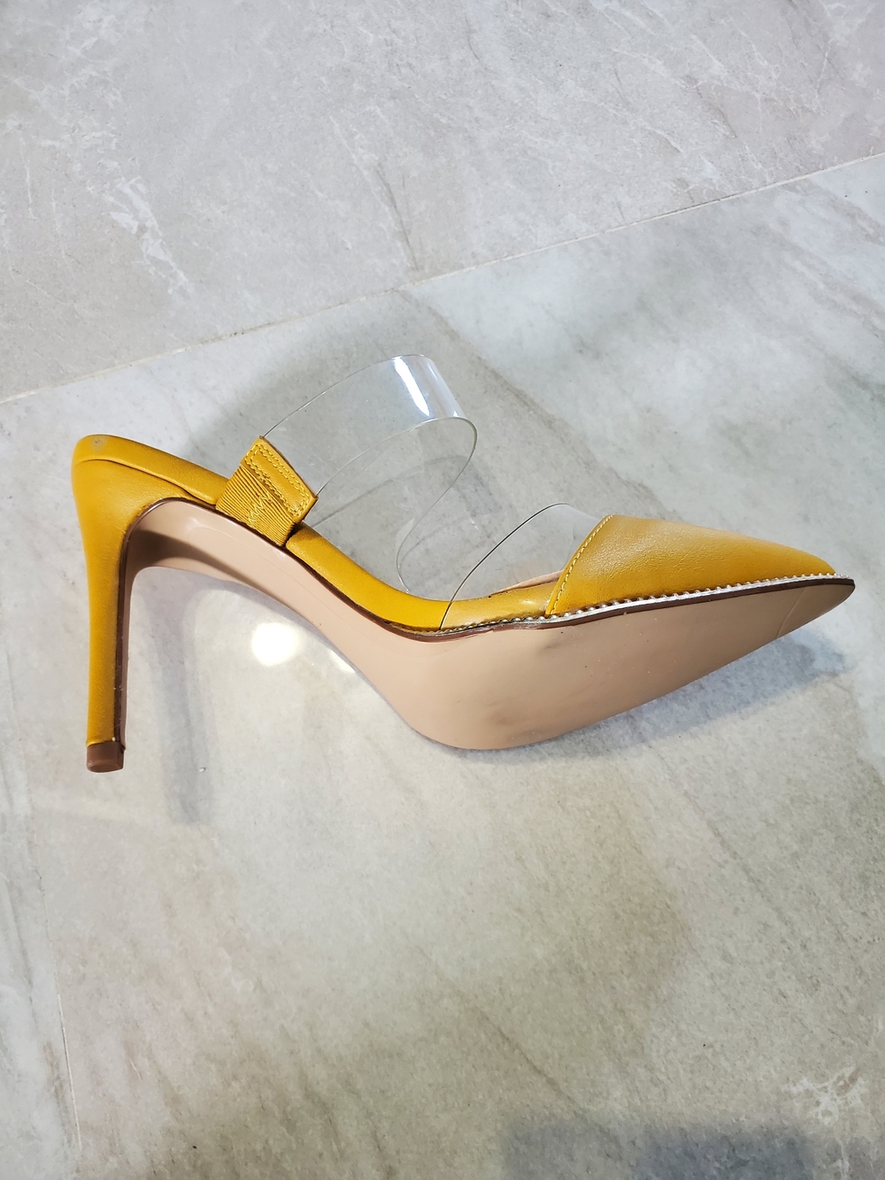 BCBGeneration Yellow Pointed Mule with Clear Double Straps